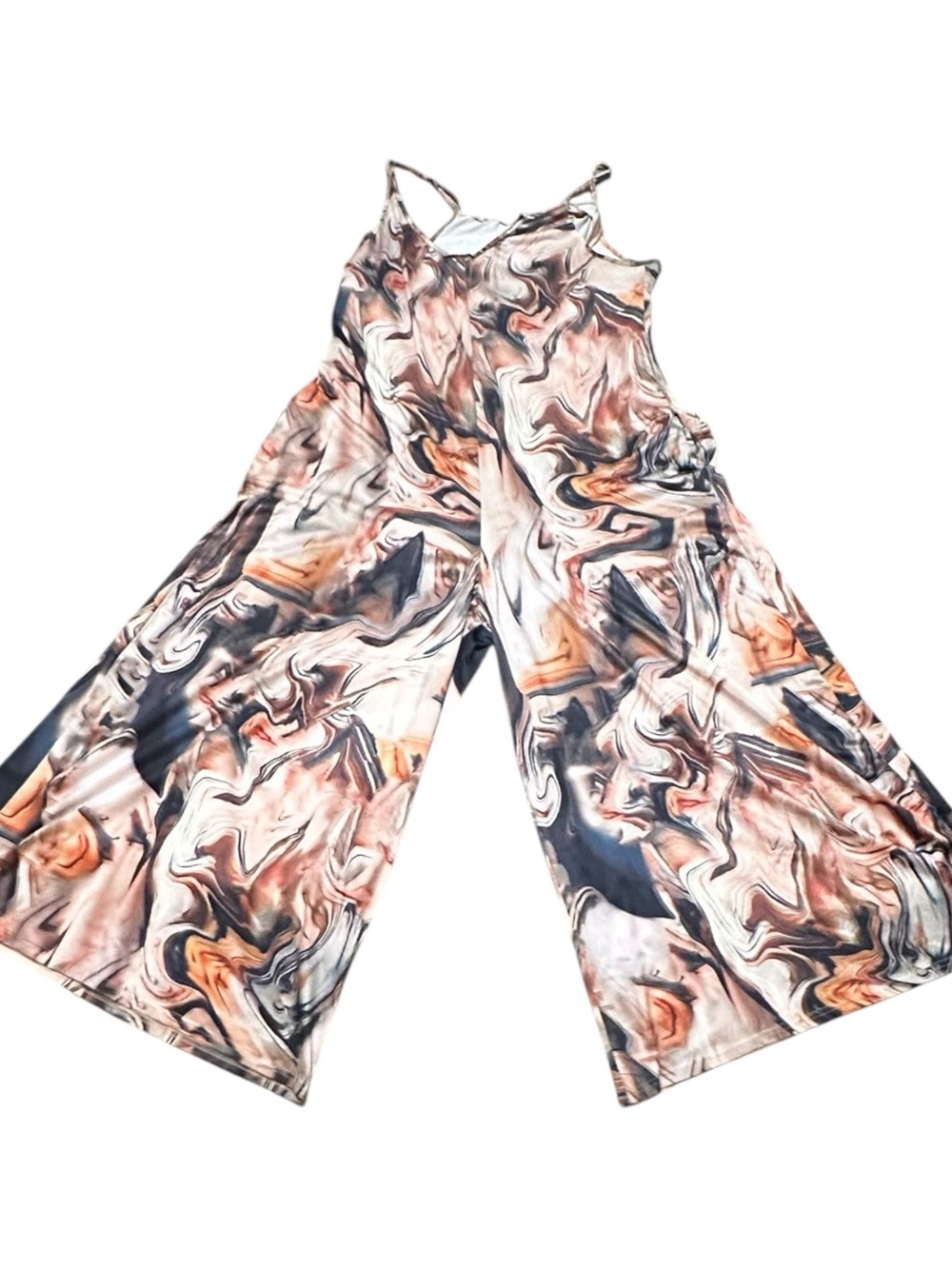 chic Marble Swirl Wide-Leg Jumpsuit in Peach, Black & Cream - Picture 2 of 13